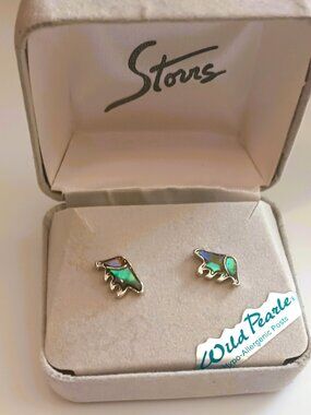 Wild Pearle Abalone Bear Earrings Storrs Silver Tone Shell Post Jewelry